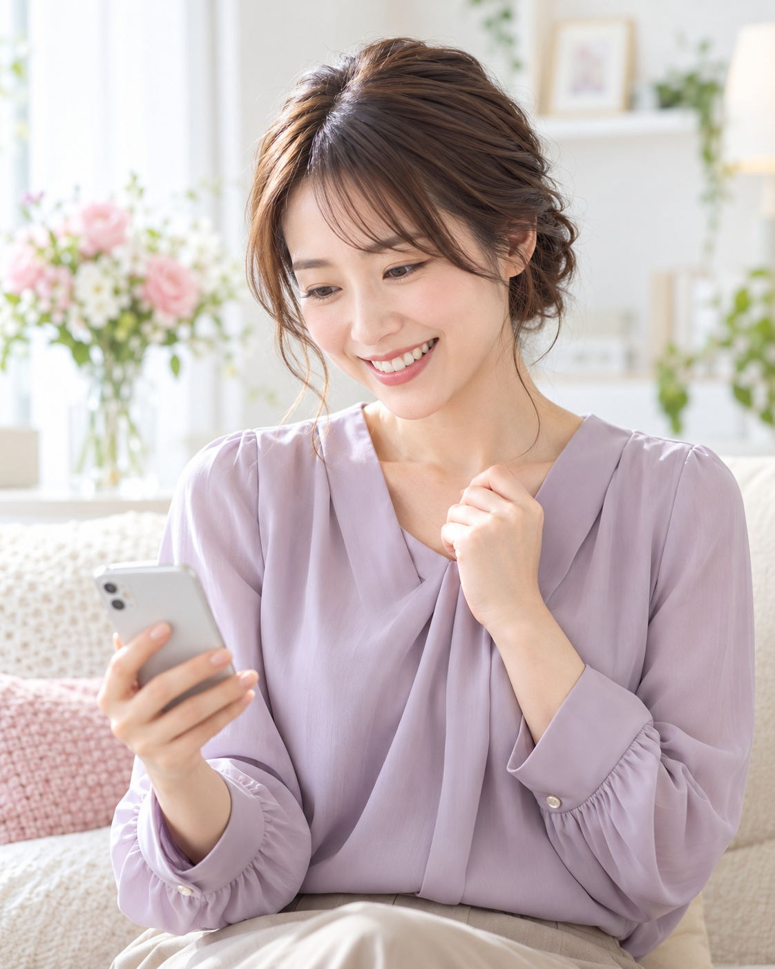一人で料金案内を見て喜ぶ女性のイメージ
