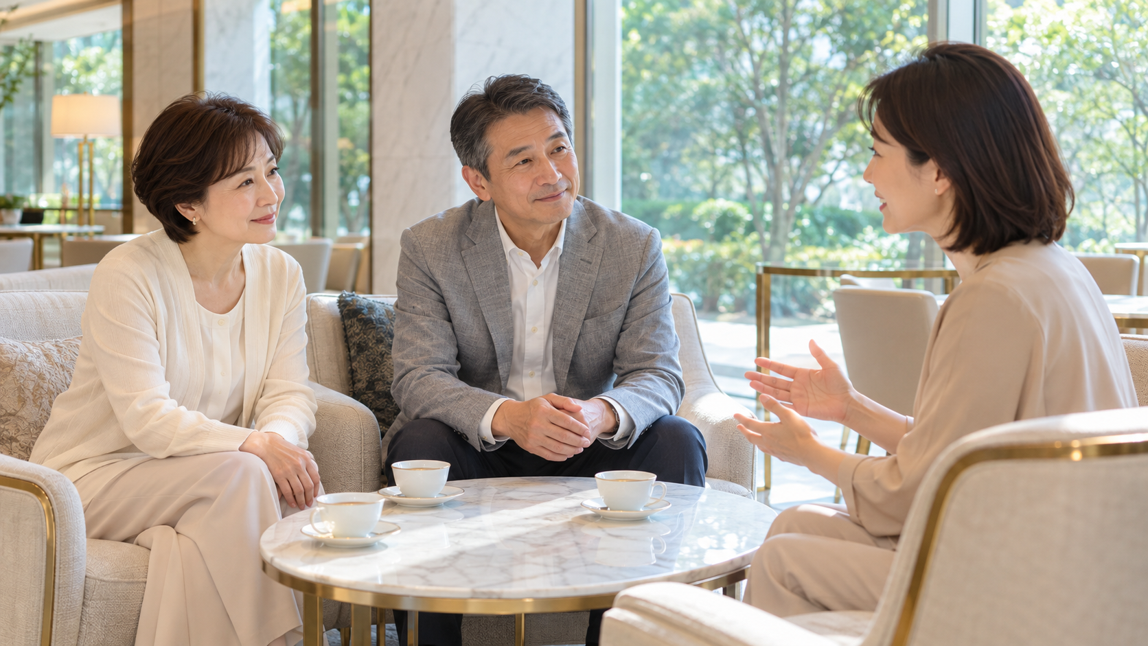 ラウンジの小さな席でカウンセラーの話を聞く親世代の男女