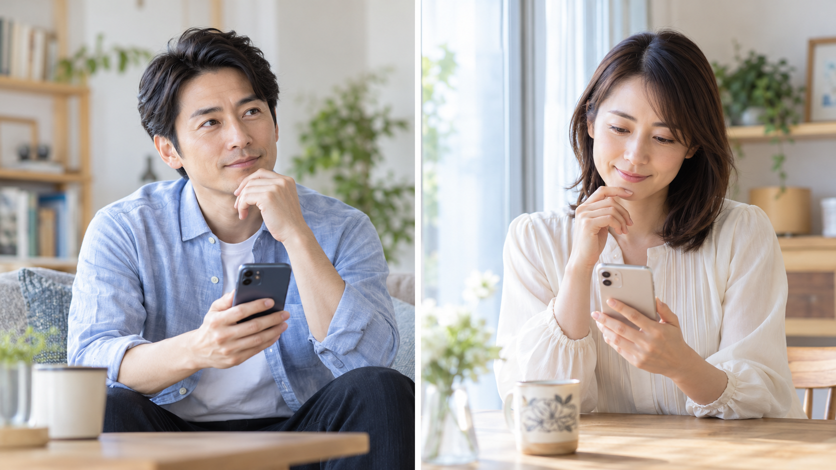 それぞれの自宅でスマートフォンを手に相談しようか考える男女