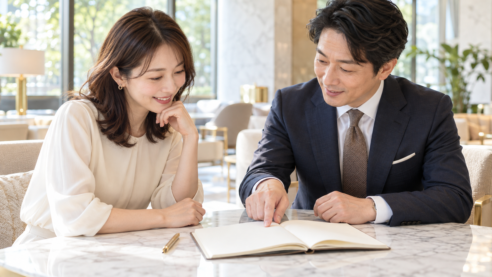 ラウンジで白紙のノートを一緒に見ながら話す女性とカウンセラー