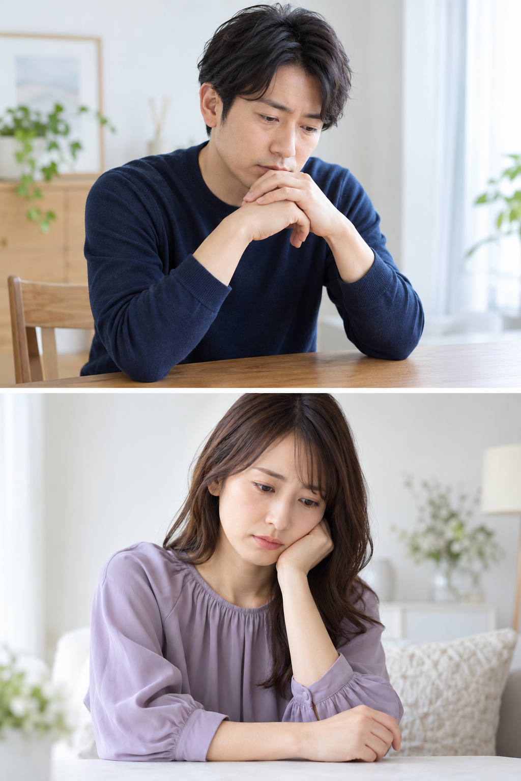 婚活への自信をなくして思い悩んでいる架空の男性と女性