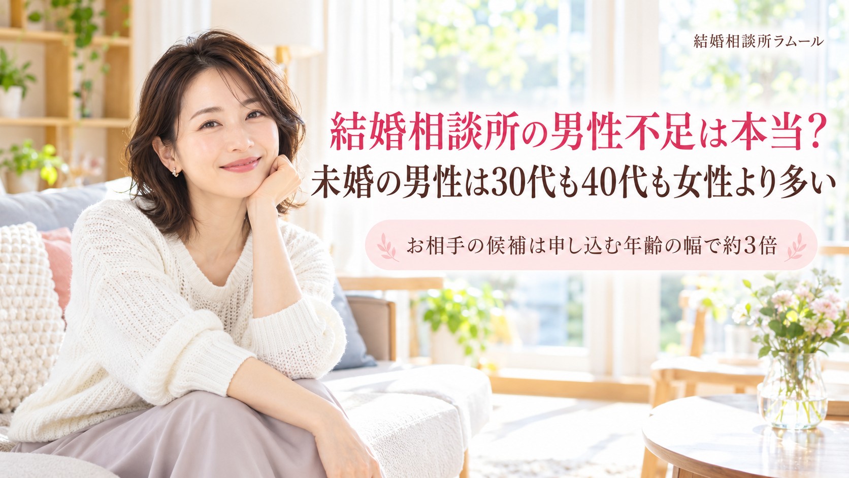 リビングのソファで安心したようにほほえむ38歳の女性（結婚相談所の男性不足は本当？ 未婚の男性は30代も40代も女性より多い）
