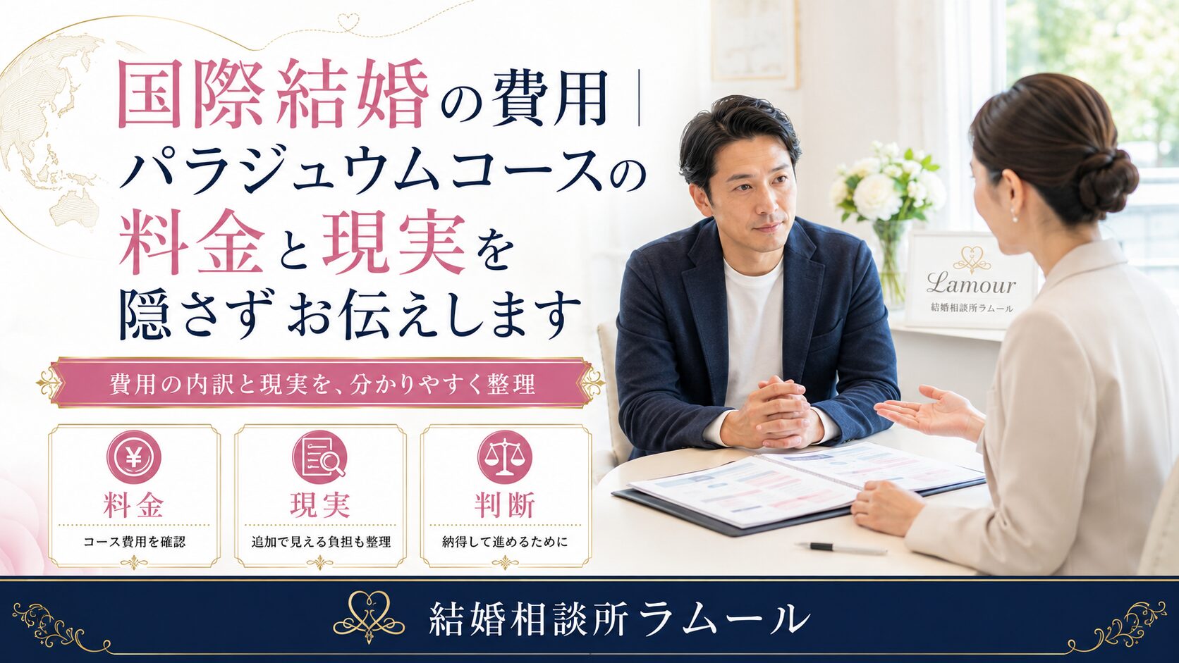 結婚相談所パラジュウムコースの費用と総額を、カウンセラーが男性に説明している様子