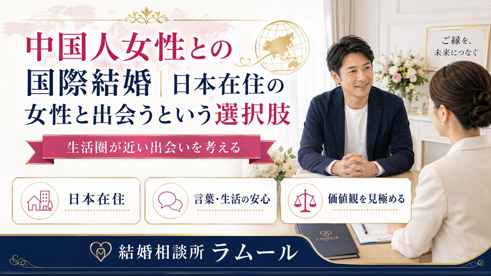 日本で暮らす中国人女性と日本人男性が、日本国内のお見合いで向き合っている様子