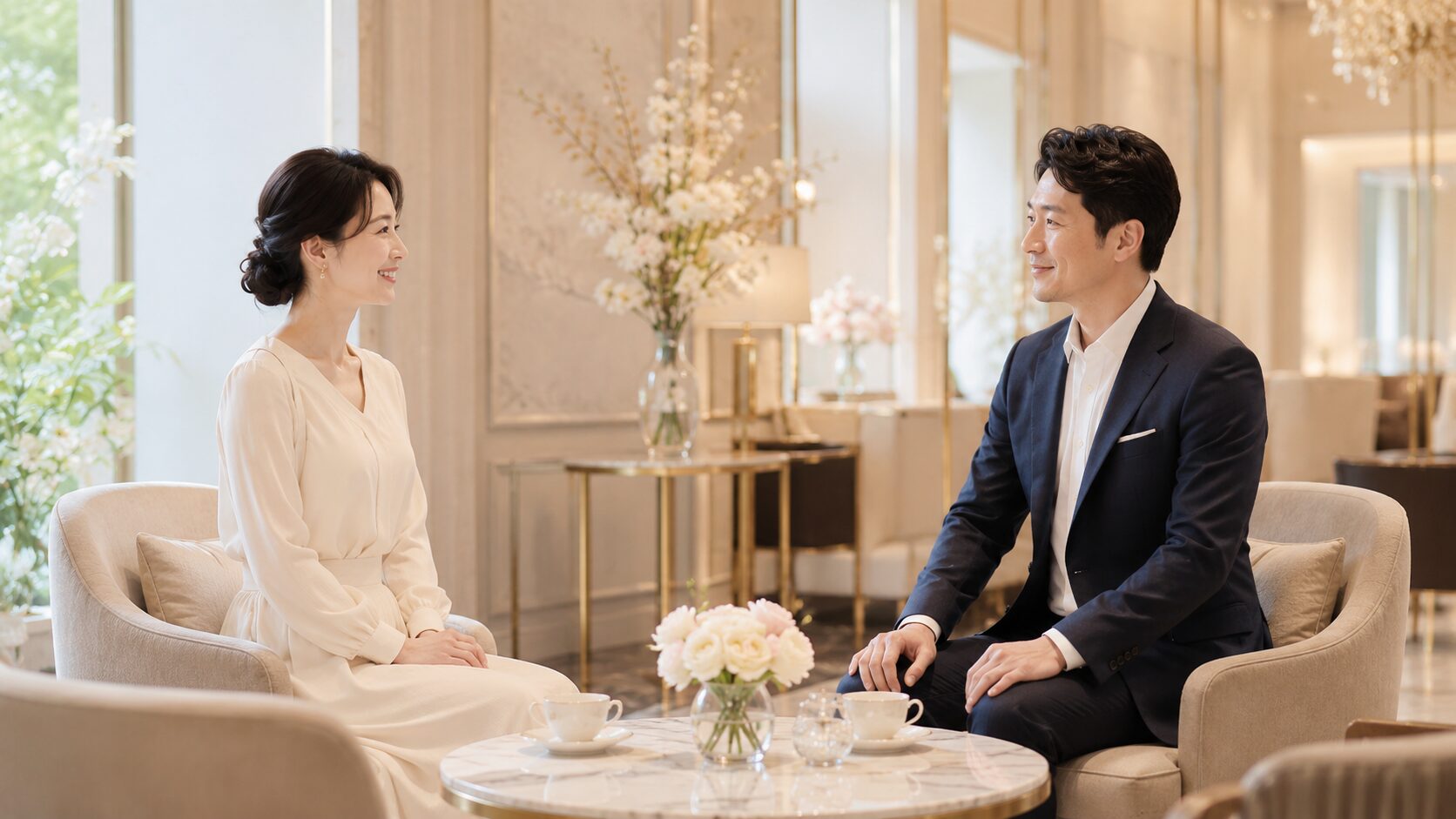 お見合いで落ち着いて会話する男女