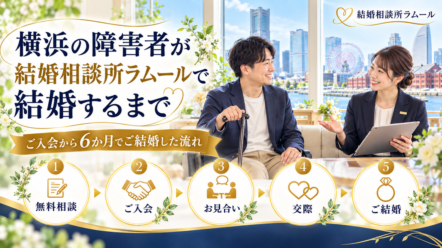 杖を使う35歳の男性がご入会から6か月で結婚するまでの流れ(無料相談・ご入会・お見合い・交際・ご結婚)