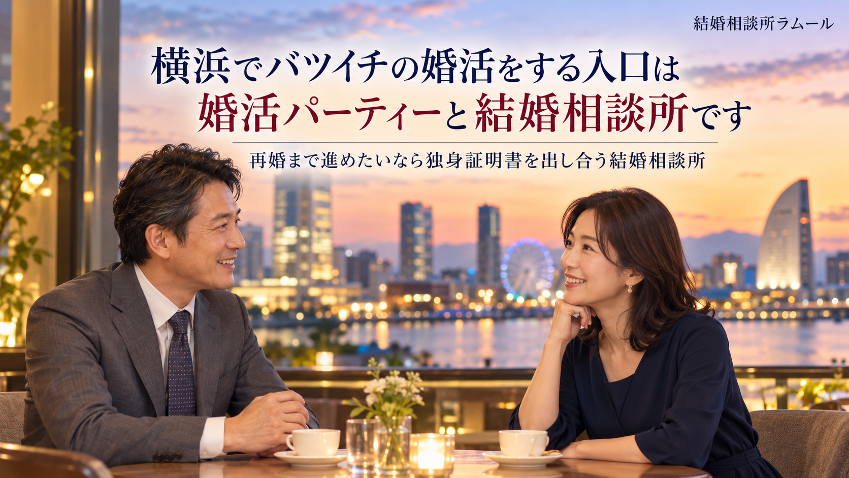 港町の夕景が見えるカフェで向かい合って話す45歳の男性と43歳の女性（横浜でバツイチの婚活をする入口は婚活パーティーと結婚相談所です）