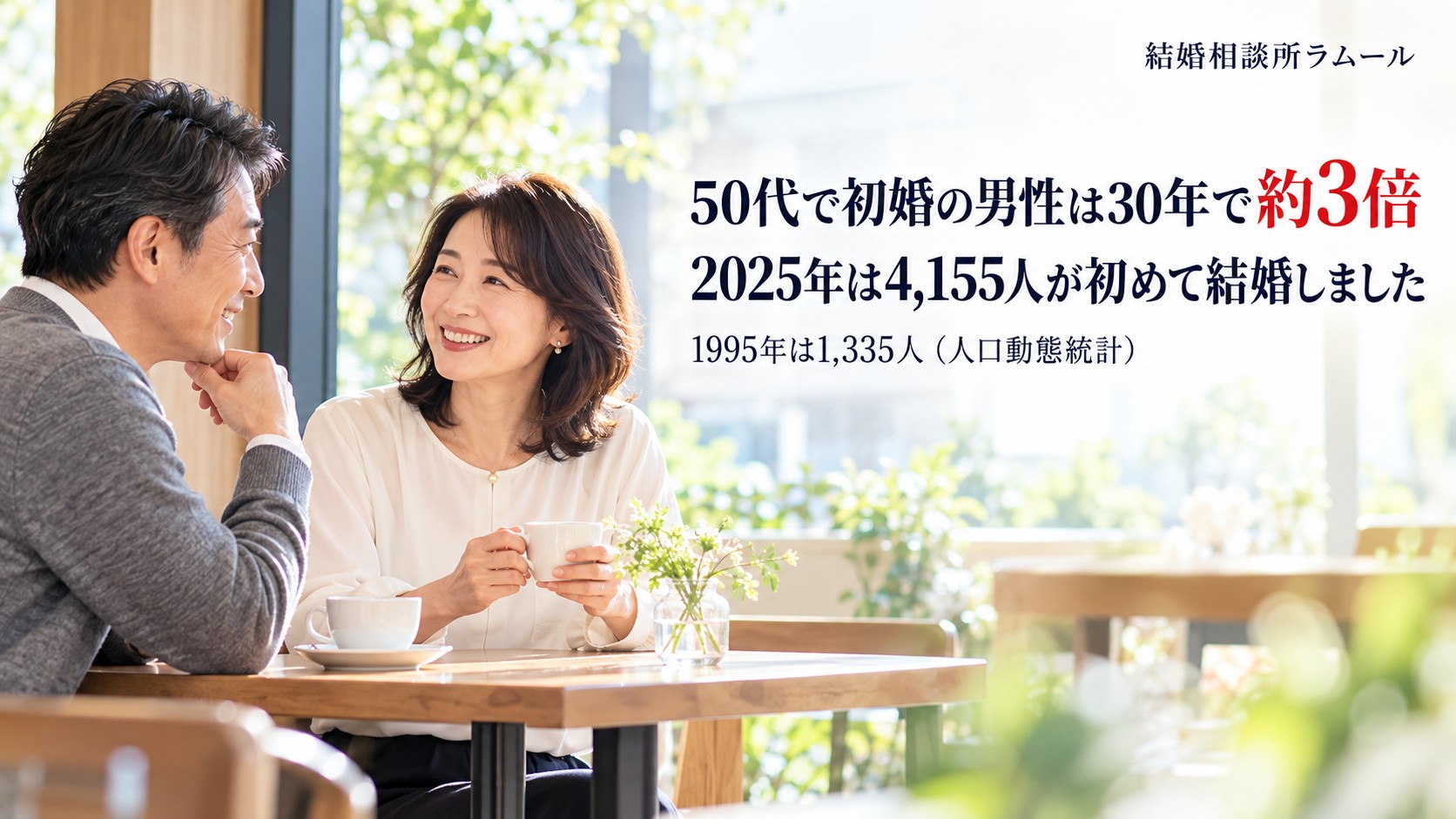 明るい喫茶店の窓際の席で向かい合って笑顔で話す52歳の男性と47歳の女性(50代で初婚の男性は30年で約3倍・2025年は4,155人が初めて結婚しました)