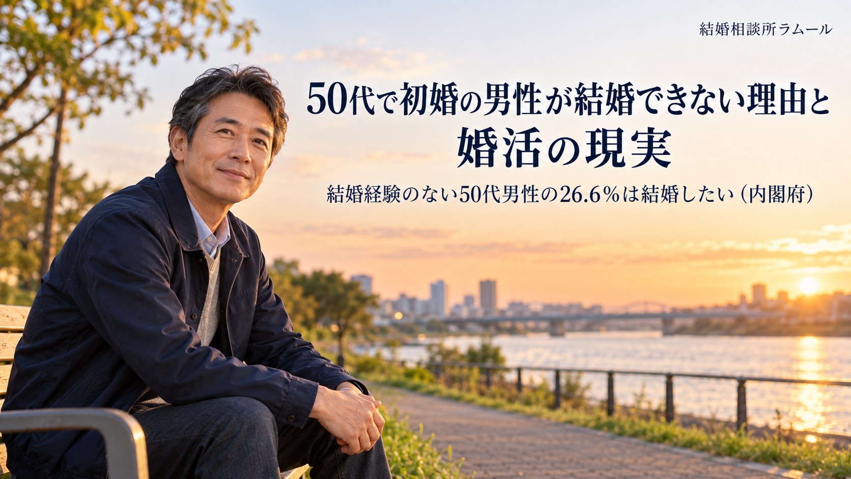 夕方の川沿いの公園のベンチで穏やかにほほえむ52歳の男性(50代で初婚の男性が結婚できない理由と婚活の現実)