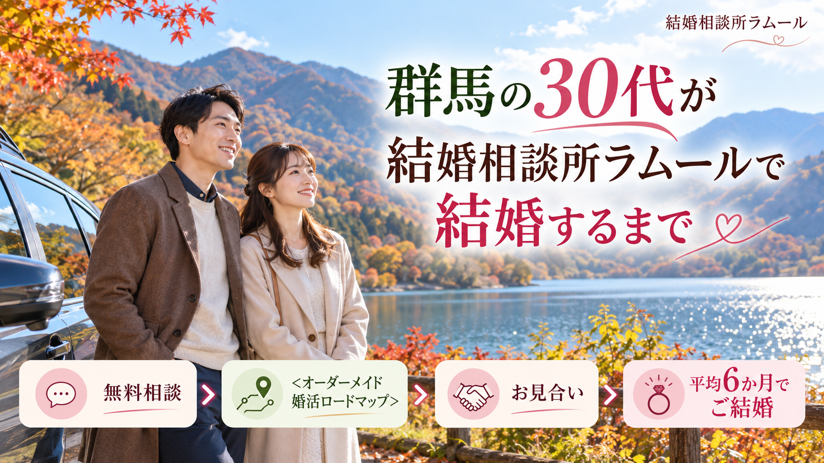紅葉の湖のほとりに車で来た30代の男性とお相手の女性（無料相談からお見合いを経て平均6か月でご結婚）