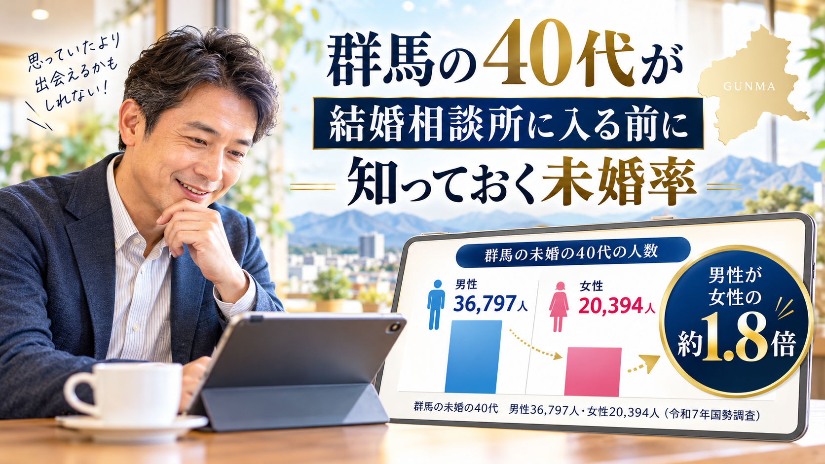 群馬の未婚の40代は男性36,797人・女性20,394人で男性が女性の約1.8倍(令和7年国勢調査)