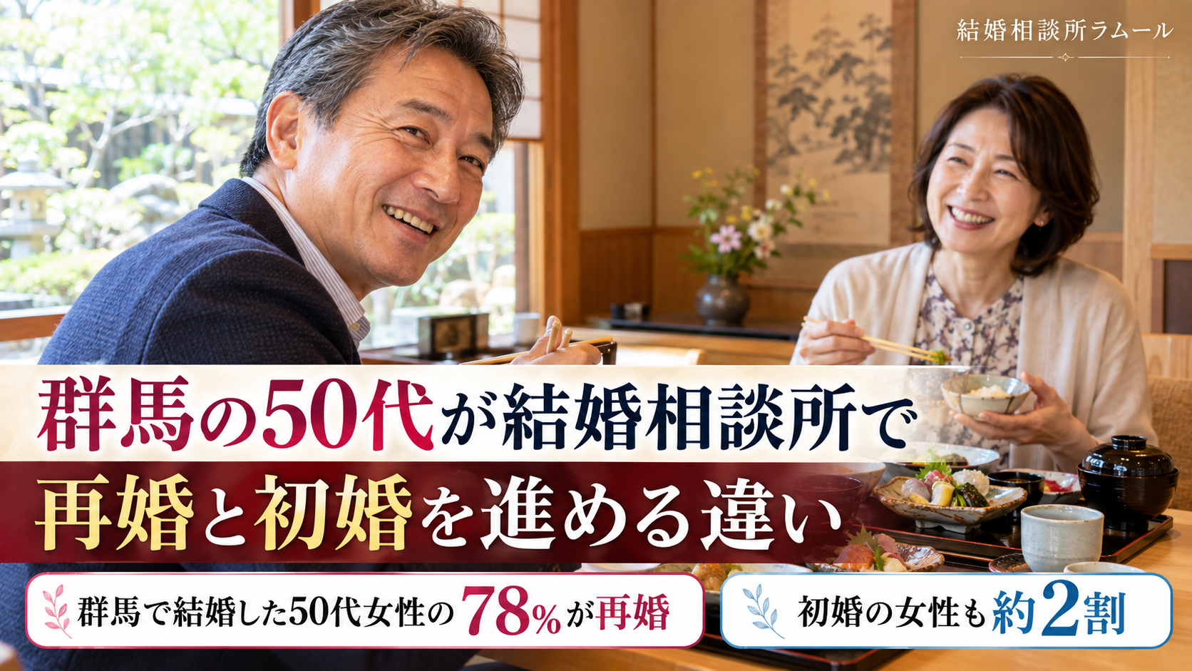 和食のお店でお昼を食べながら話す50代の男性と女性（群馬で結婚した50代女性の78%が再婚・初婚の女性も約2割）