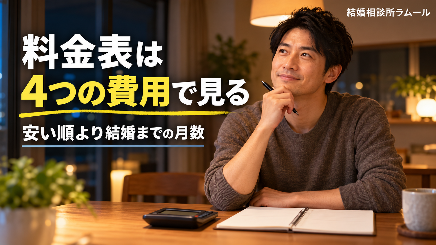 夜のダイニングで電卓とノートを前にペンを持って考える36歳の男性（料金表は4つの費用で見る・安い順より結婚までの月数）