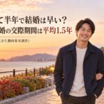 秋の夕方の海沿いの公園を笑顔で並んで歩く37歳の男性と34歳の女性(付き合って半年で結婚は早い? お見合い結婚の交際期間は平均1.5年です)