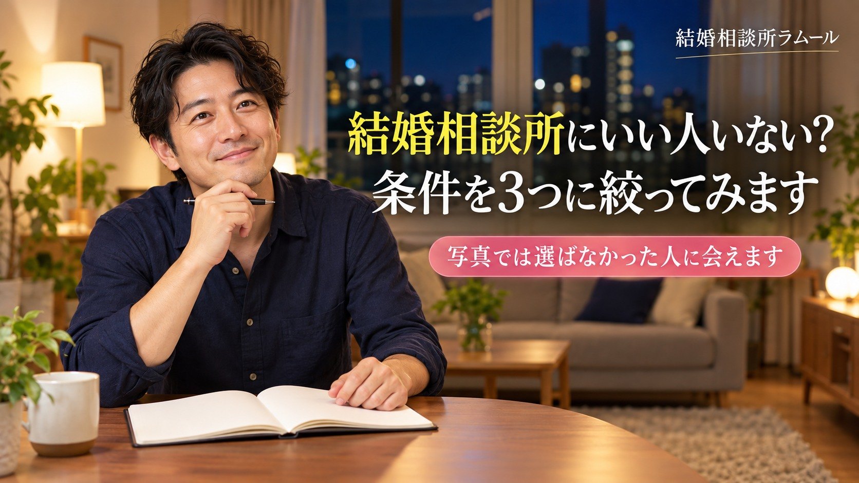 自宅のリビングでノートを開いてひらめいたような笑顔を見せる38歳の男性（結婚相談所にいい人いない？条件を3つに絞ってみます）