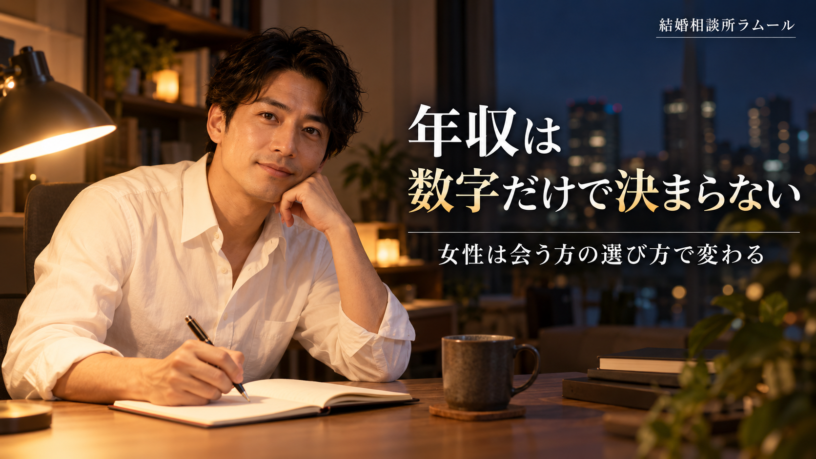 夜の自宅の机でノートに書きこみながら顔を上げる白いシャツの36歳の男性(結婚相談所で30代の男性の年収は数字だけで決まらない・女性は会う方の選び方で変わる)