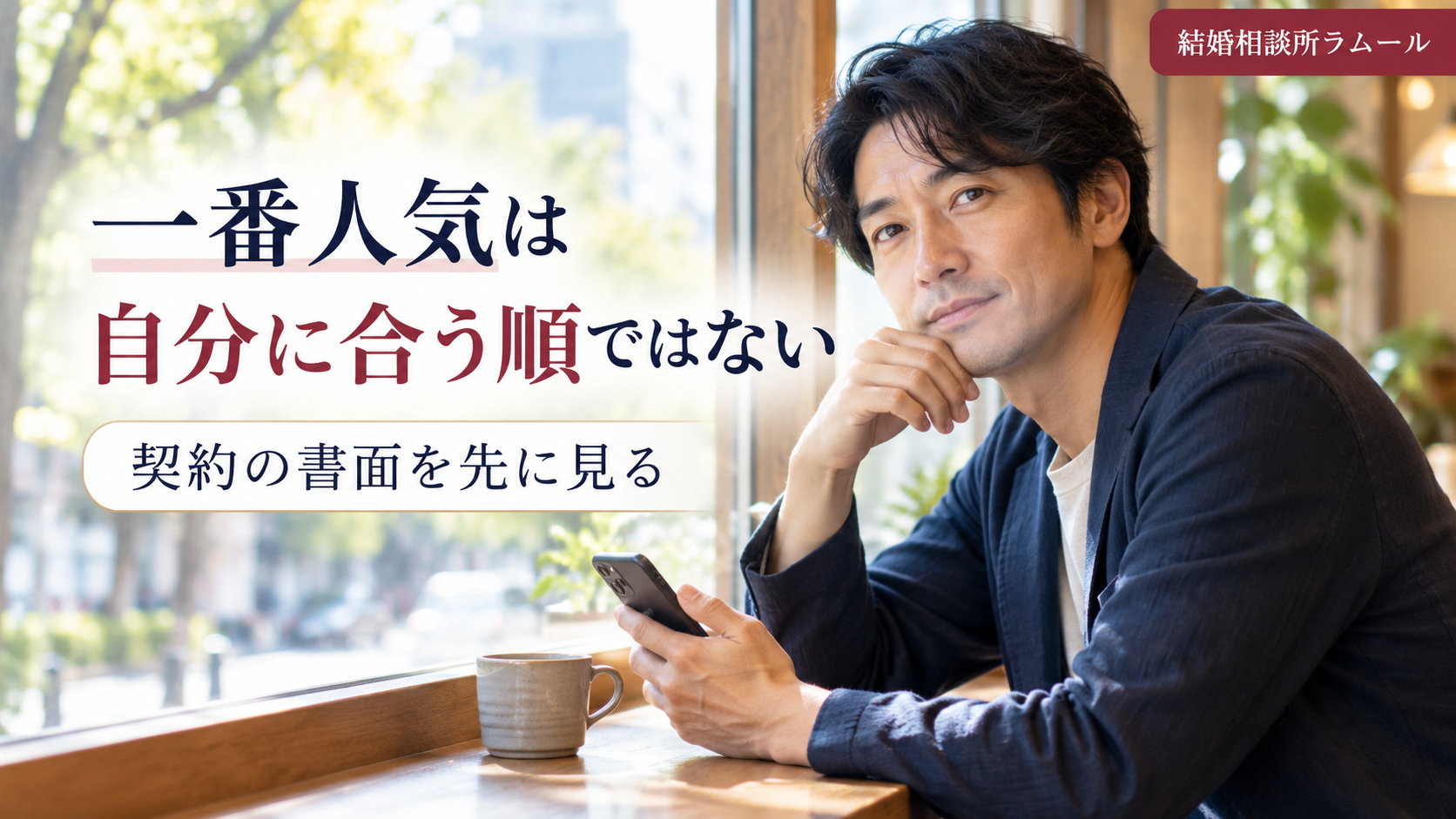 休日の昼のカフェの窓際の席でスマートフォンを手に考える41歳の男性(一番人気は自分に合う順ではない・契約の書面を先に見る)
