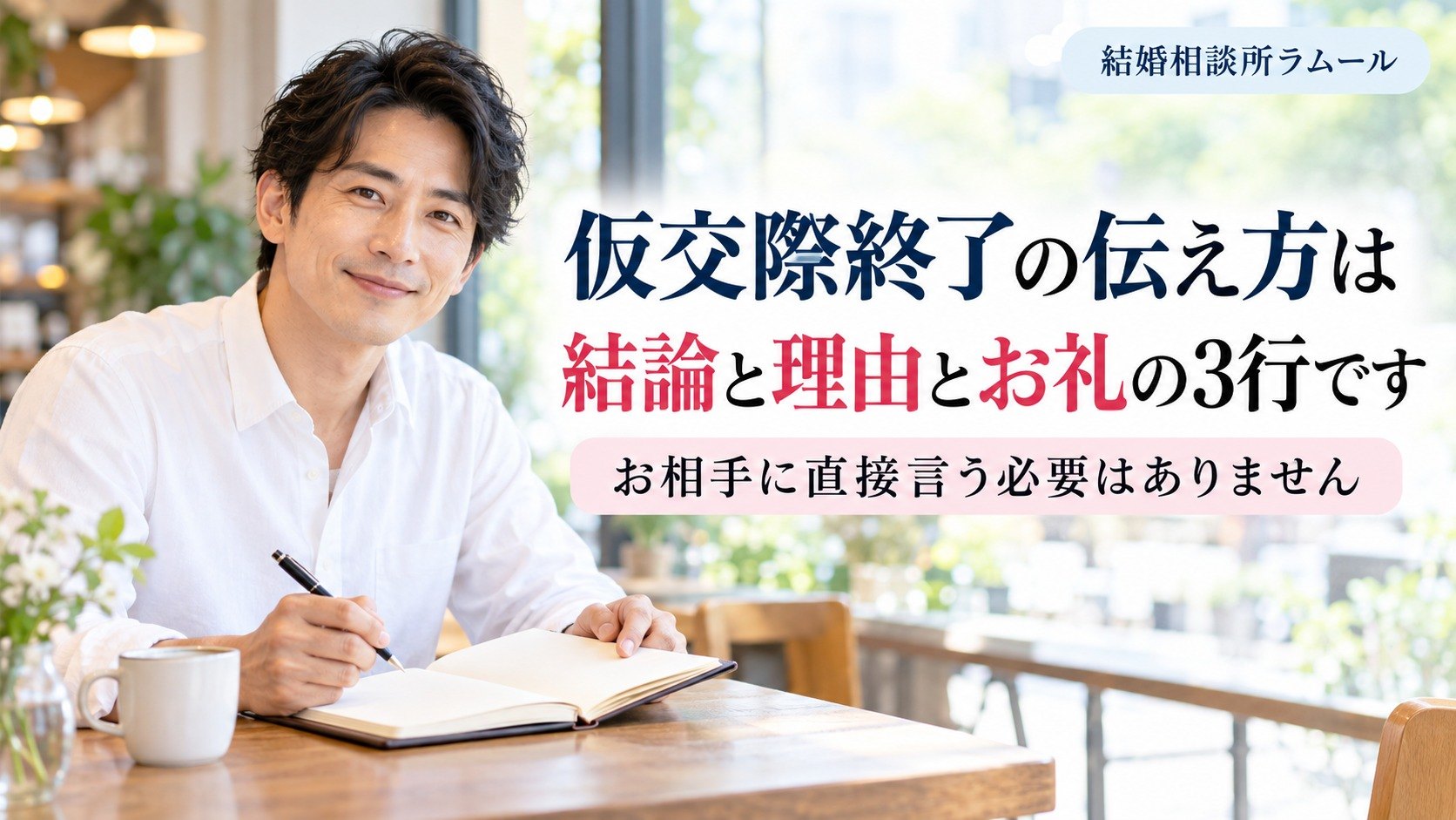 カフェの窓際で手帳を開いて穏やかにほほえむ35歳の男性（仮交際終了の伝え方は結論と理由とお礼の3行です）