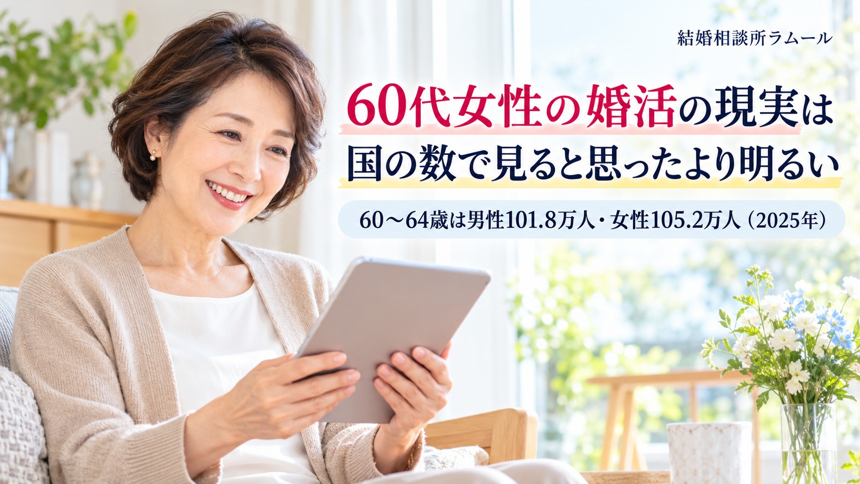 窓辺で明るい表情でタブレットを見る62歳の女性（60代女性の婚活の現実は国の数で見ると思ったより明るい）