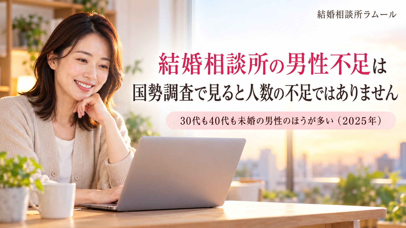 部屋の机でノートパソコンを見てほっとする36歳の女性（結婚相談所の男性不足は国勢調査で見ると人数の不足ではありません）