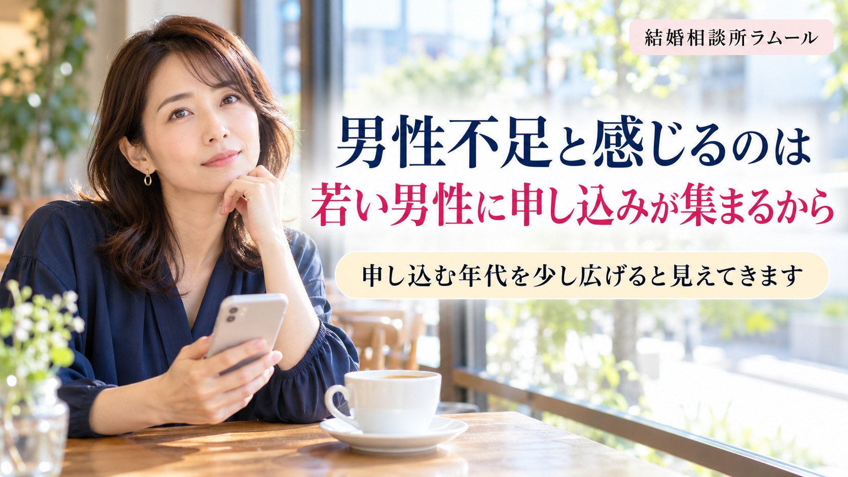 カフェの窓ぎわでスマホを手に考える39歳の女性（男性不足と感じるのは若い男性に申し込みが集まるから）