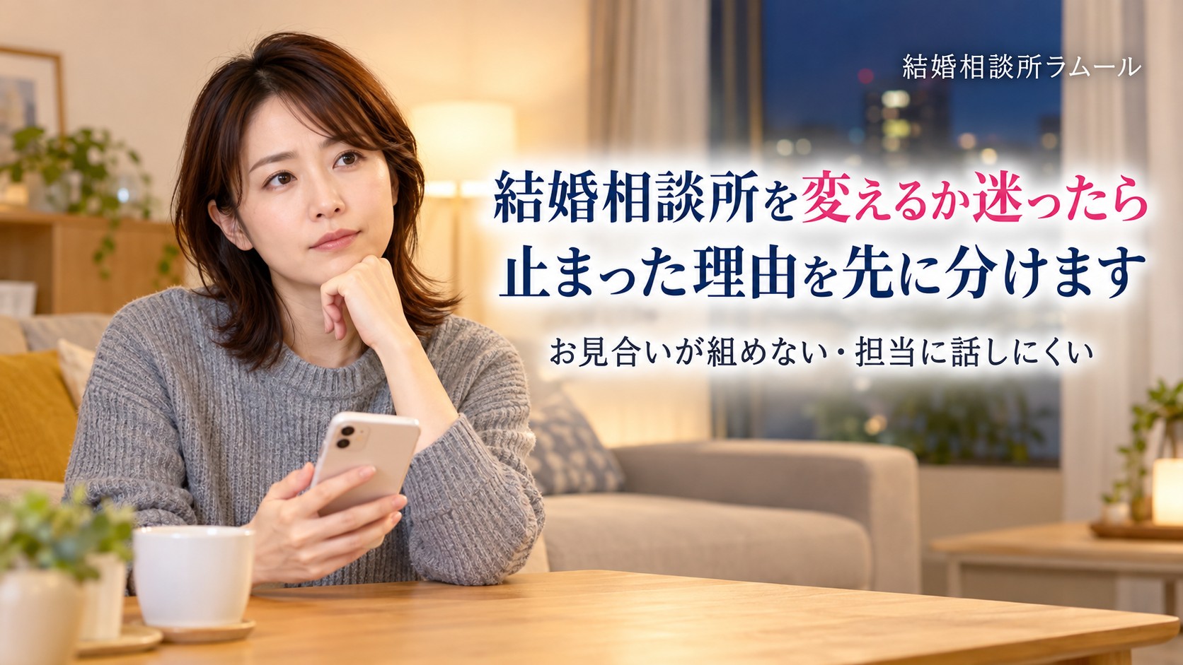 リビングでスマホを手に考えこむ36歳の女性（結婚相談所を変えるか迷ったら止まった理由を先に分けます）