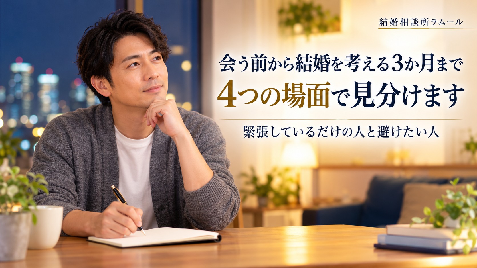 ノートに書きこみながら考える38歳の男性(会う前から結婚を考える3か月まで4つの場面で見分けます)