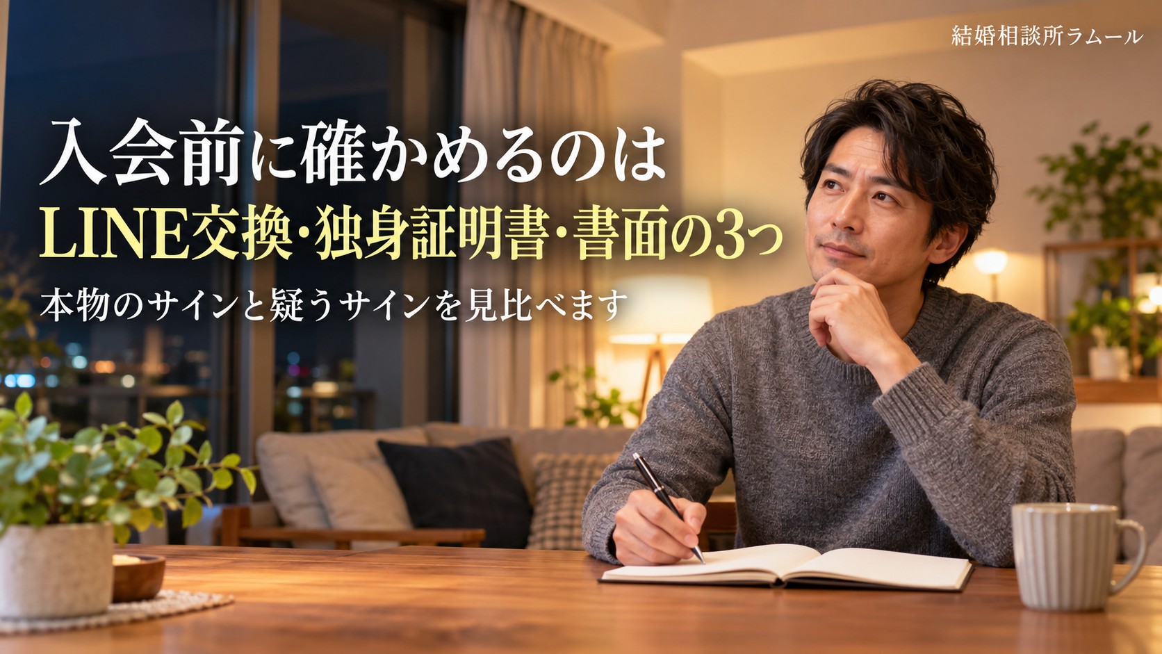 リビングのテーブルでノートに書きながら考える40歳の男性（入会前に確かめるのはLINE交換・独身証明書・書面の3つ）