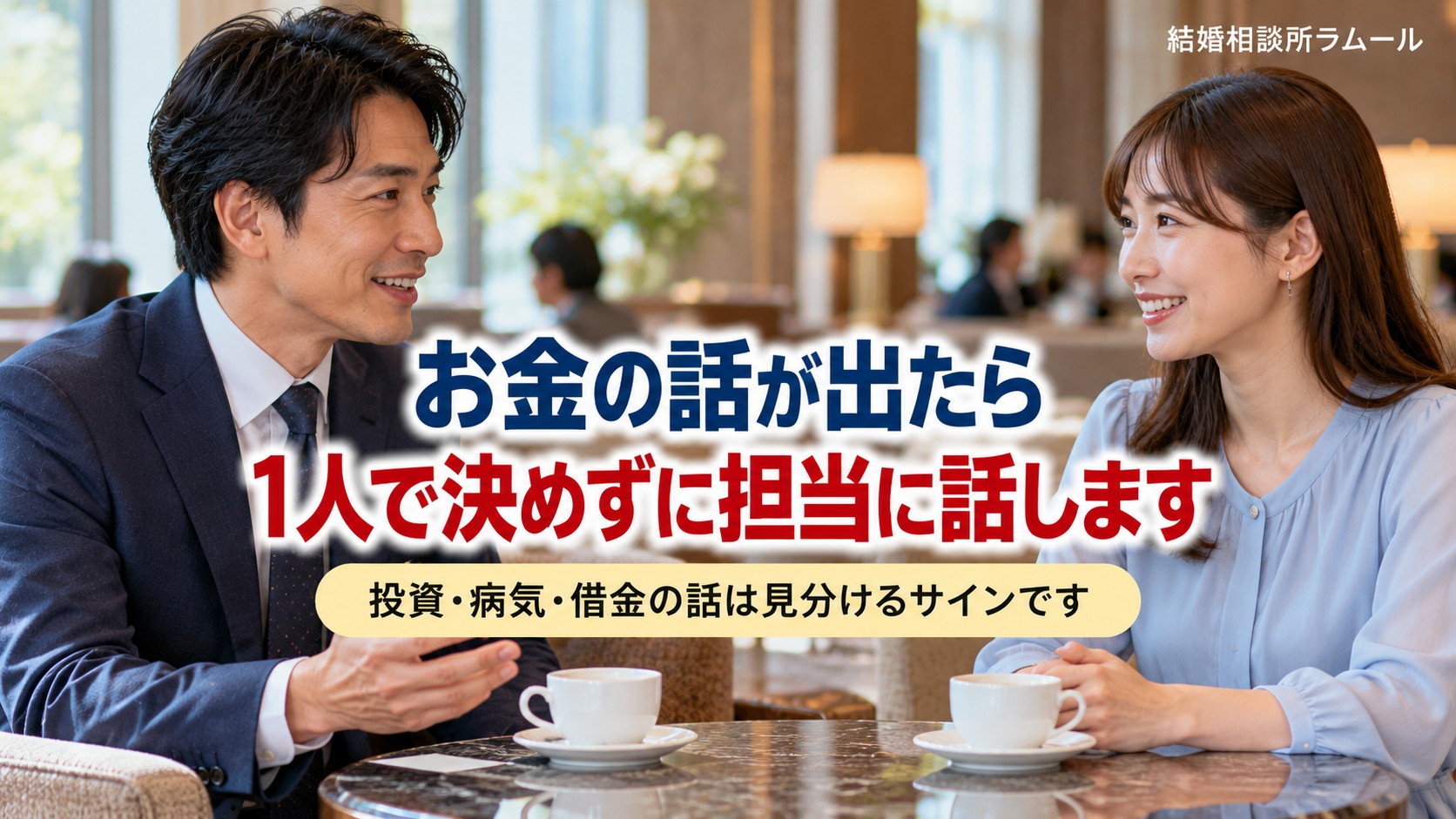 ホテルのラウンジのお見合いの席で穏やかに話す37歳の男性と34歳の女性（お金の話が出たら1人で決めずに担当に話します）