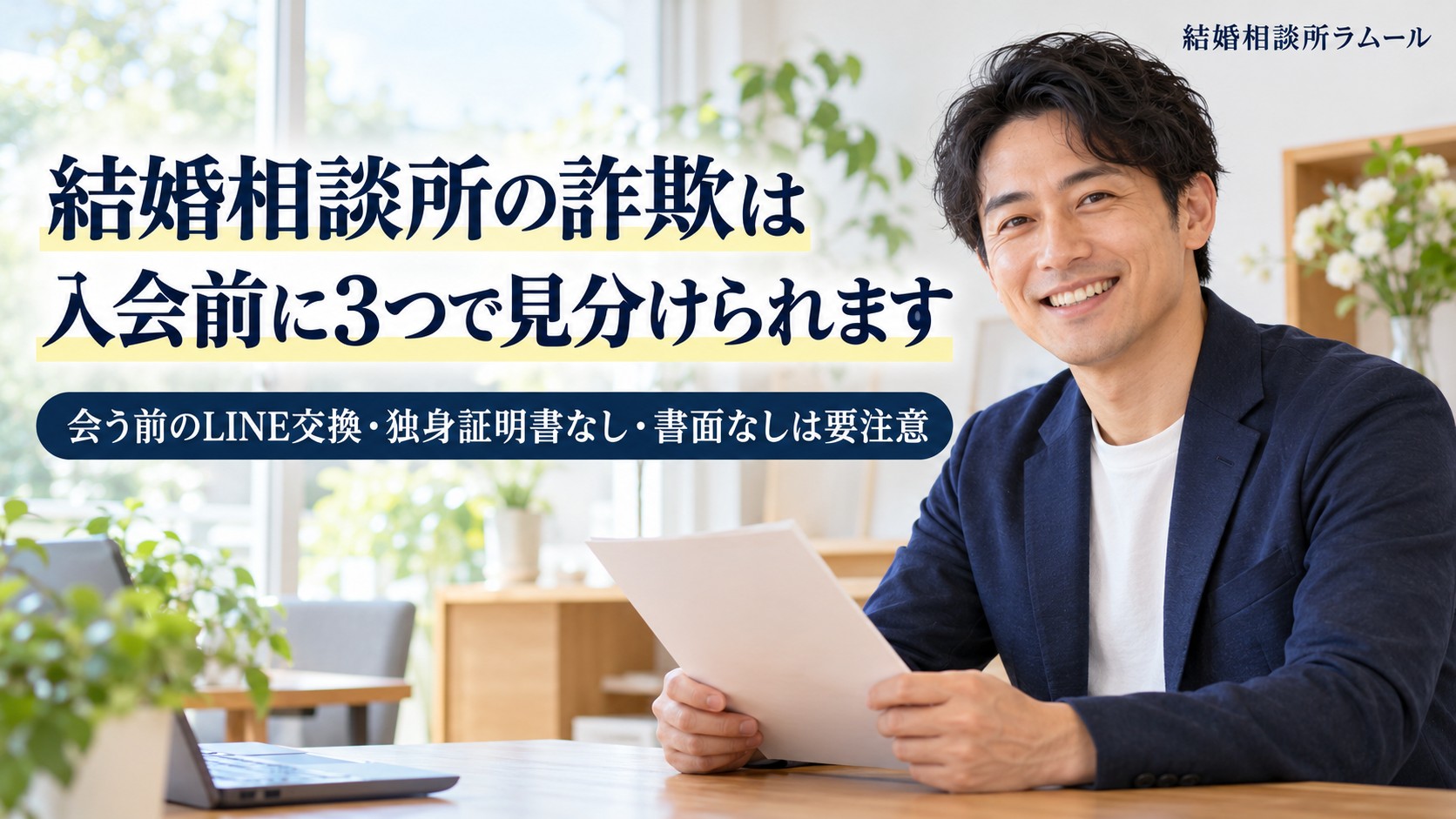 相談室で書類を手に安心したようにほほえむ38歳の男性（結婚相談所の詐欺は入会前に3つで見分けられます）