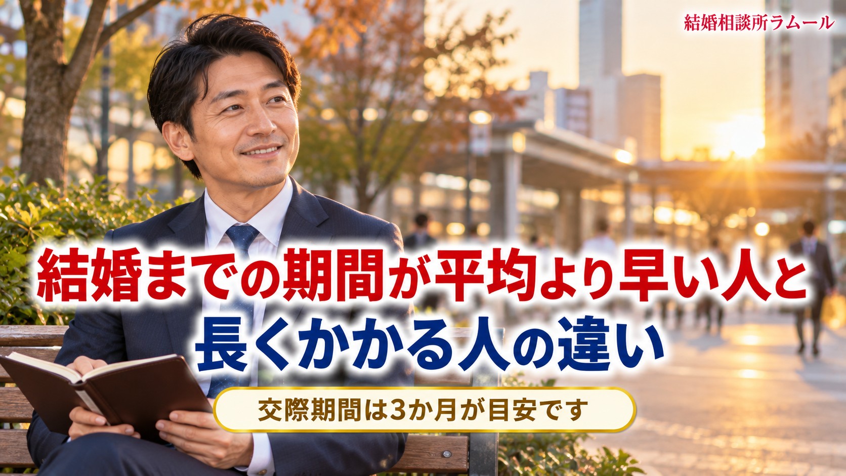 夕方の駅前のベンチで手帳を開いてほほえむ44歳の男性（結婚までの期間が平均より早い人と長くかかる人の違い）