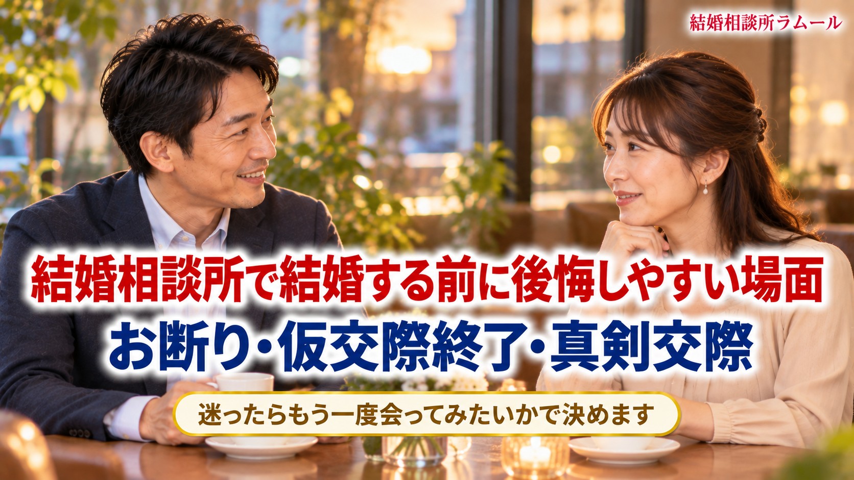 夕方のカフェで向かい合って穏やかに話す39歳の男性と35歳の女性(結婚相談所で結婚する前に後悔しやすい場面)
