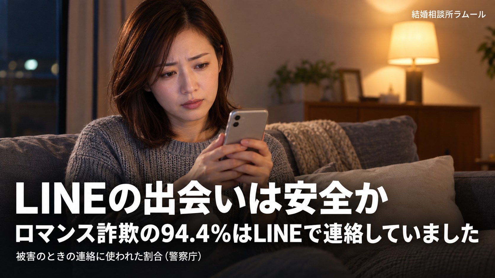 夜の部屋のソファでスマートフォンを持ち不安そうに考える30代の女性(LINEの出会いは安全か・ロマンス詐欺の94.4%はLINEで連絡していました)