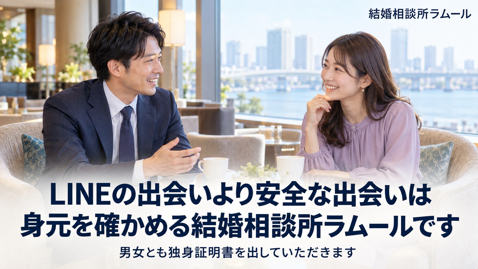 ホテルのラウンジで向かい合って笑顔で話す34歳の男性と31歳の女性(LINEの出会いより安全な出会いは身元を確かめる結婚相談所ラムールです)