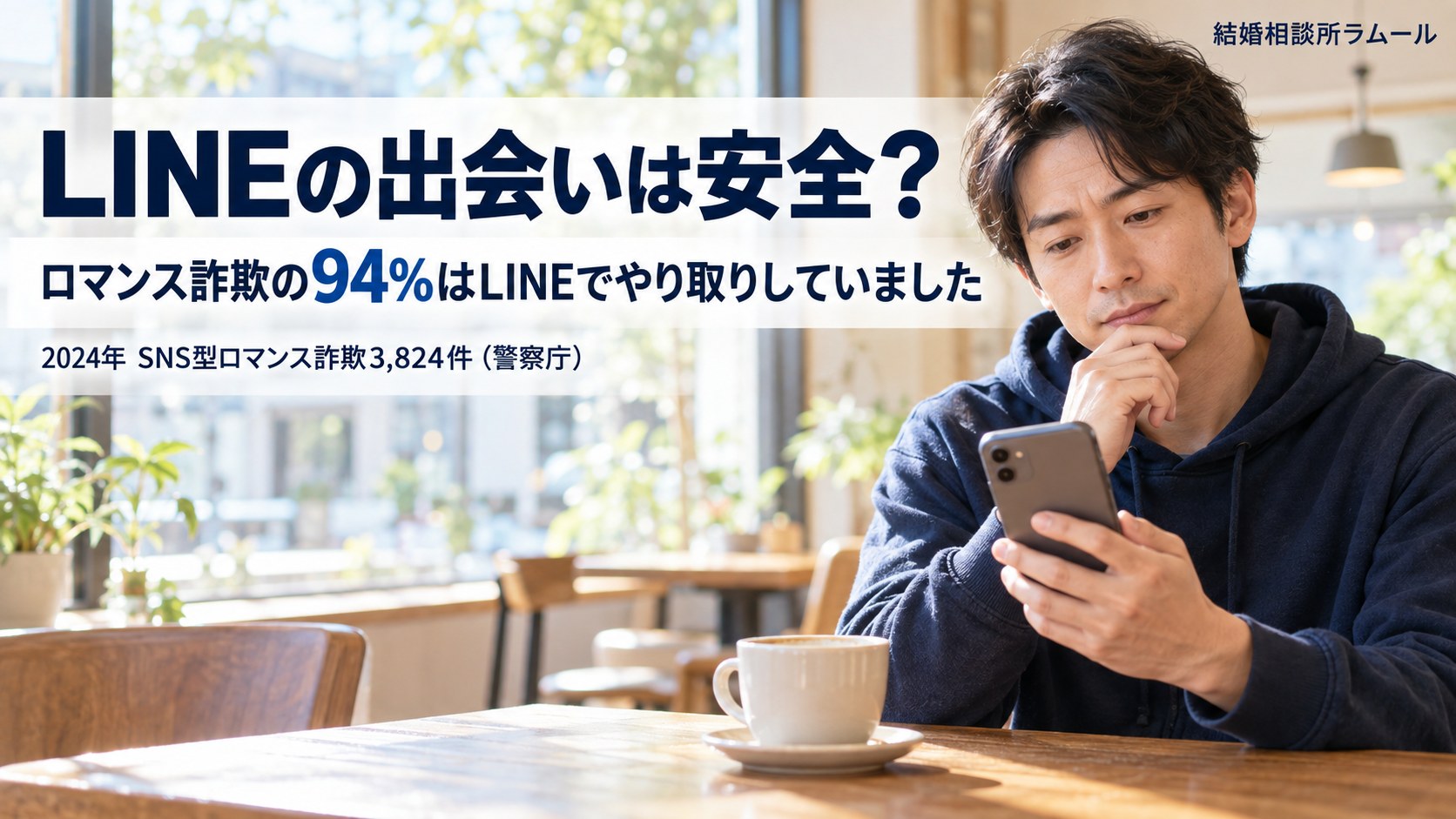 明るいカフェでスマートフォンを手に考える34歳の男性（LINEの出会いは安全？ ロマンス詐欺の94%はLINEでやり取りしていました）