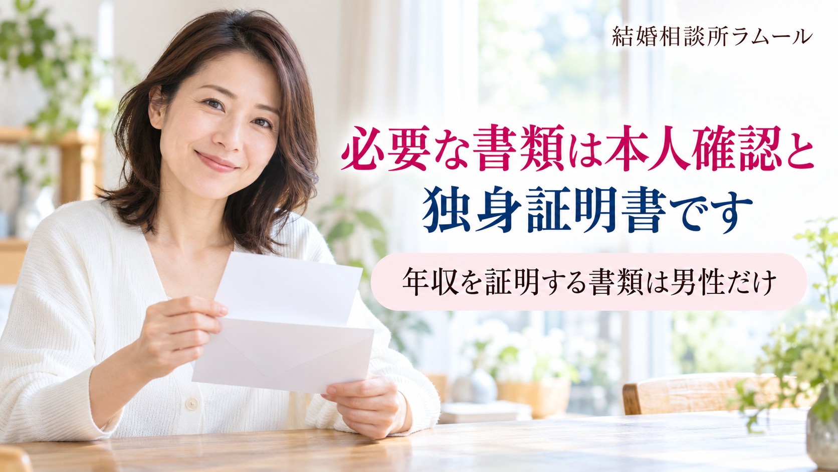 自宅のテーブルで封筒を手に持ってほほえむ41歳の女性(結婚相談所の必要な書類は本人確認と独身証明書です)