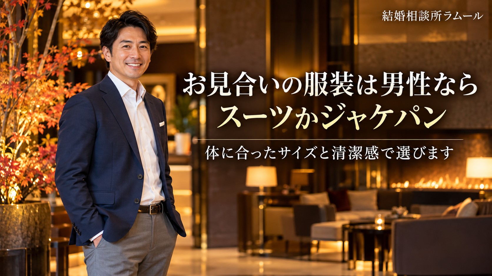 ホテルのラウンジの入口で紺のジャケットとグレーのスラックスで笑顔で立つ41歳の男性(お見合いの服装は男性ならスーツかジャケパン)
