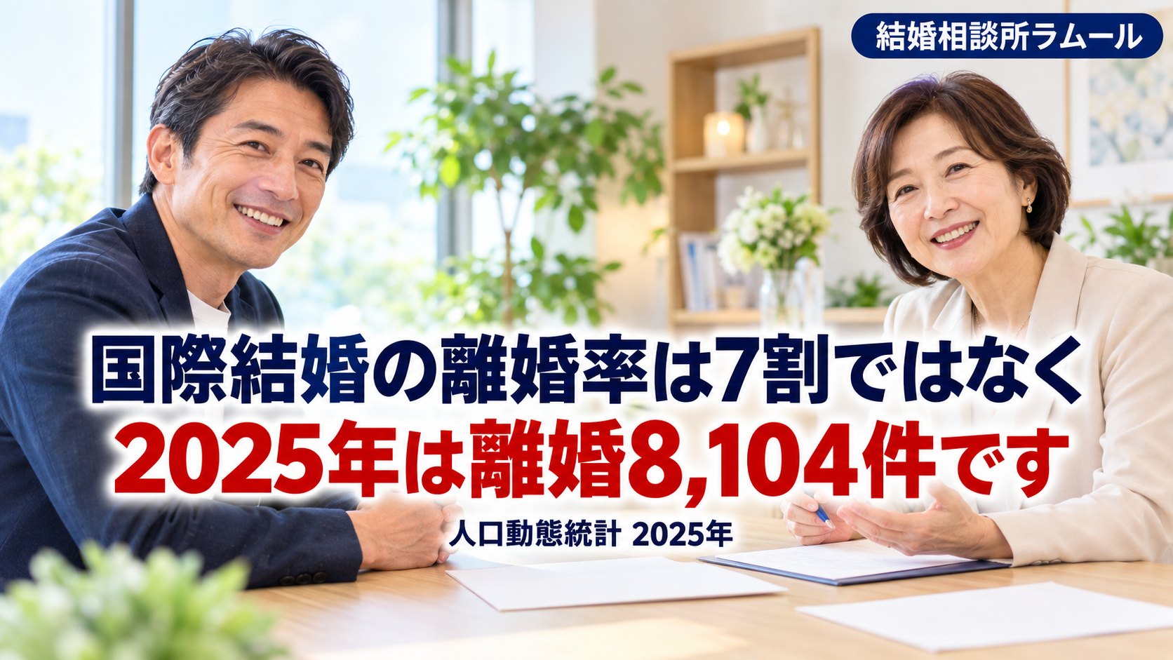 結婚相談所の相談室でカウンセラーと笑顔で話す46歳の男性（国際結婚の離婚率は7割ではなく2025年は離婚8,104件です）