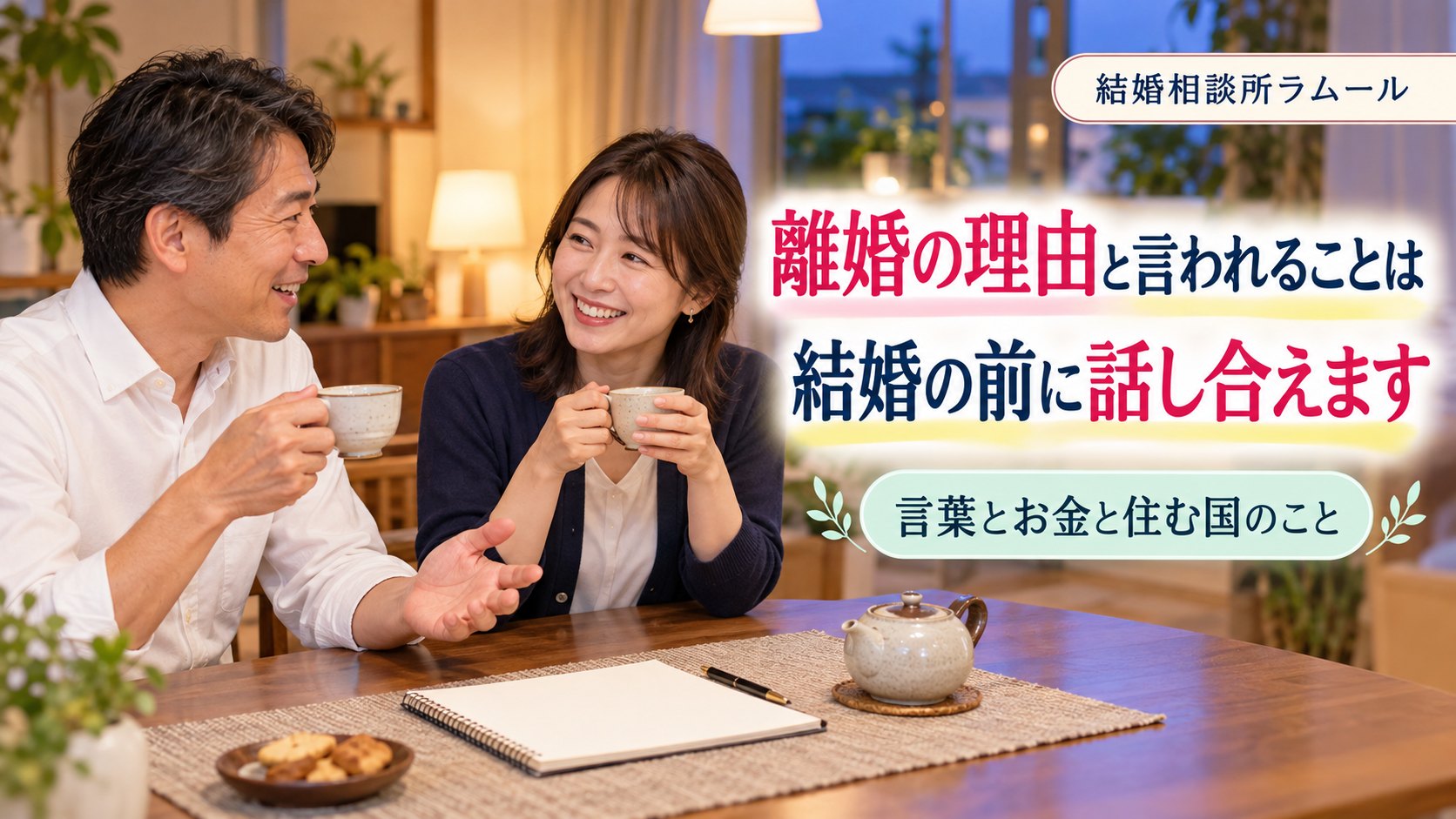 自宅のダイニングでお茶を飲みながら笑顔で話す46歳の男性と39歳の女性（離婚の理由と言われることは結婚の前に話し合えます）