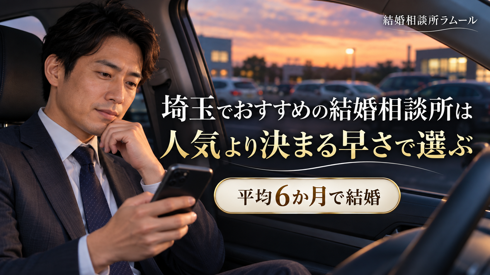 夕暮れの駐車場に止めた車の中でスマホを見て考える39歳の男性（埼玉でおすすめの結婚相談所は人気より決まる早さで選ぶ・平均6か月で結婚）