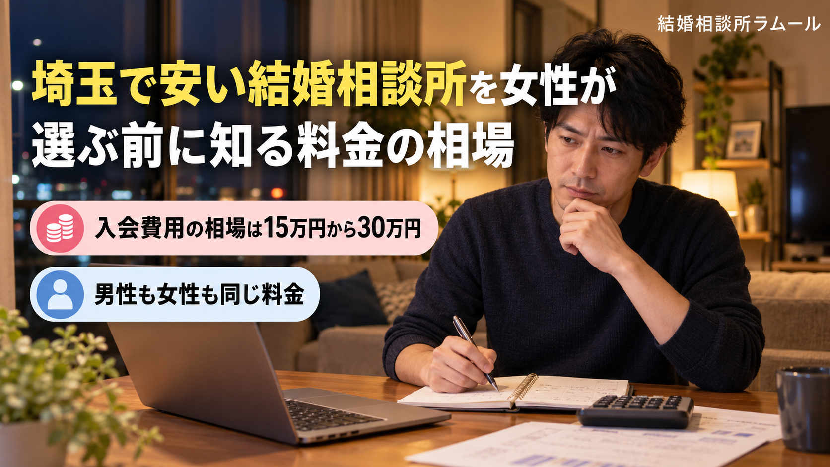 夜のリビングで電卓とノートで費用を書き出す38歳の男性(入会費用の相場は15万円から30万円・男性も女性も同じ料金)