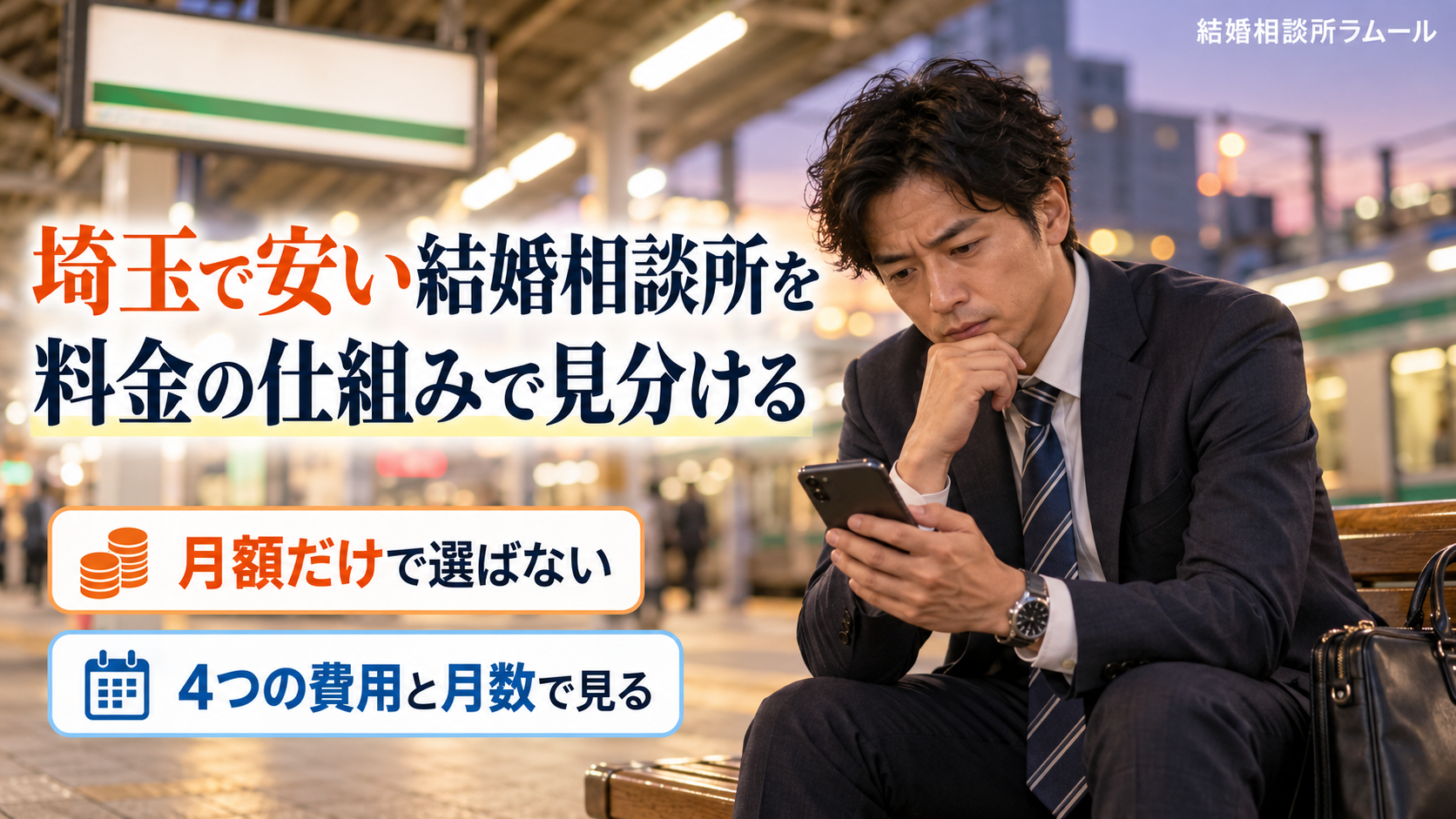駅のホームのベンチでスマホの料金を確かめる38歳の男性(月額だけで選ばない・4つの費用と月数で見る)