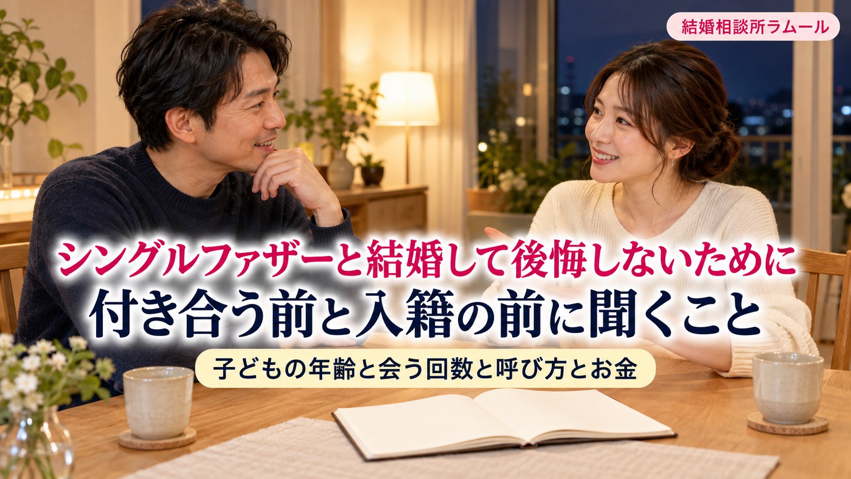 夜のダイニングでノートを前に笑顔で話し合う41歳の男性と34歳の女性(シングルファザーと結婚して後悔しないために付き合う前と入籍の前に聞くこと)