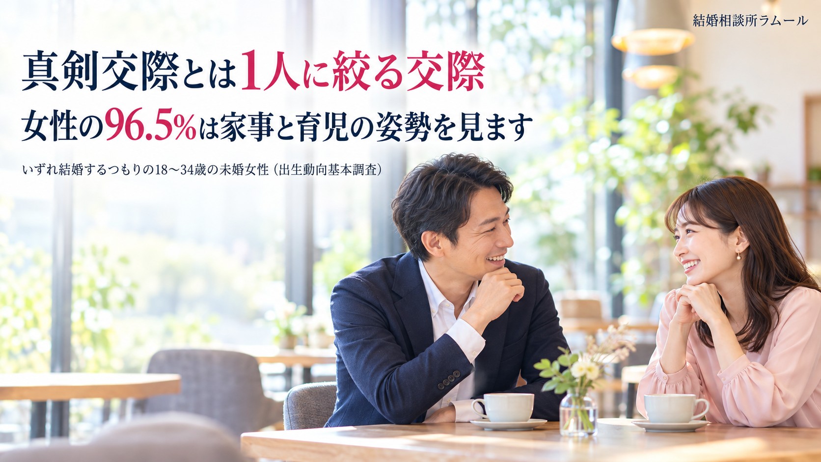 カフェの窓際で向かい合って笑顔で話す42歳の男性と37歳の女性（真剣交際とは1人に絞る交際・女性の96.5%は家事と育児の姿勢を見ます）
