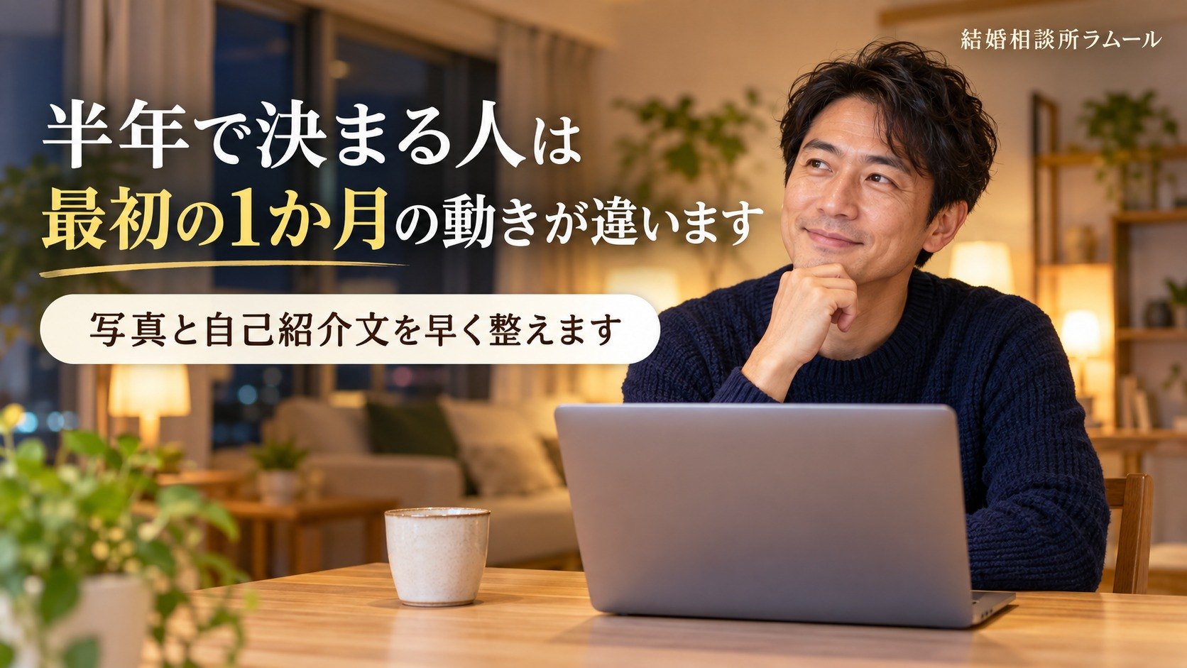 自宅でノートパソコンに向かって笑顔で文章を考える44歳の男性（半年で決まる人は最初の1か月の動きが違います）