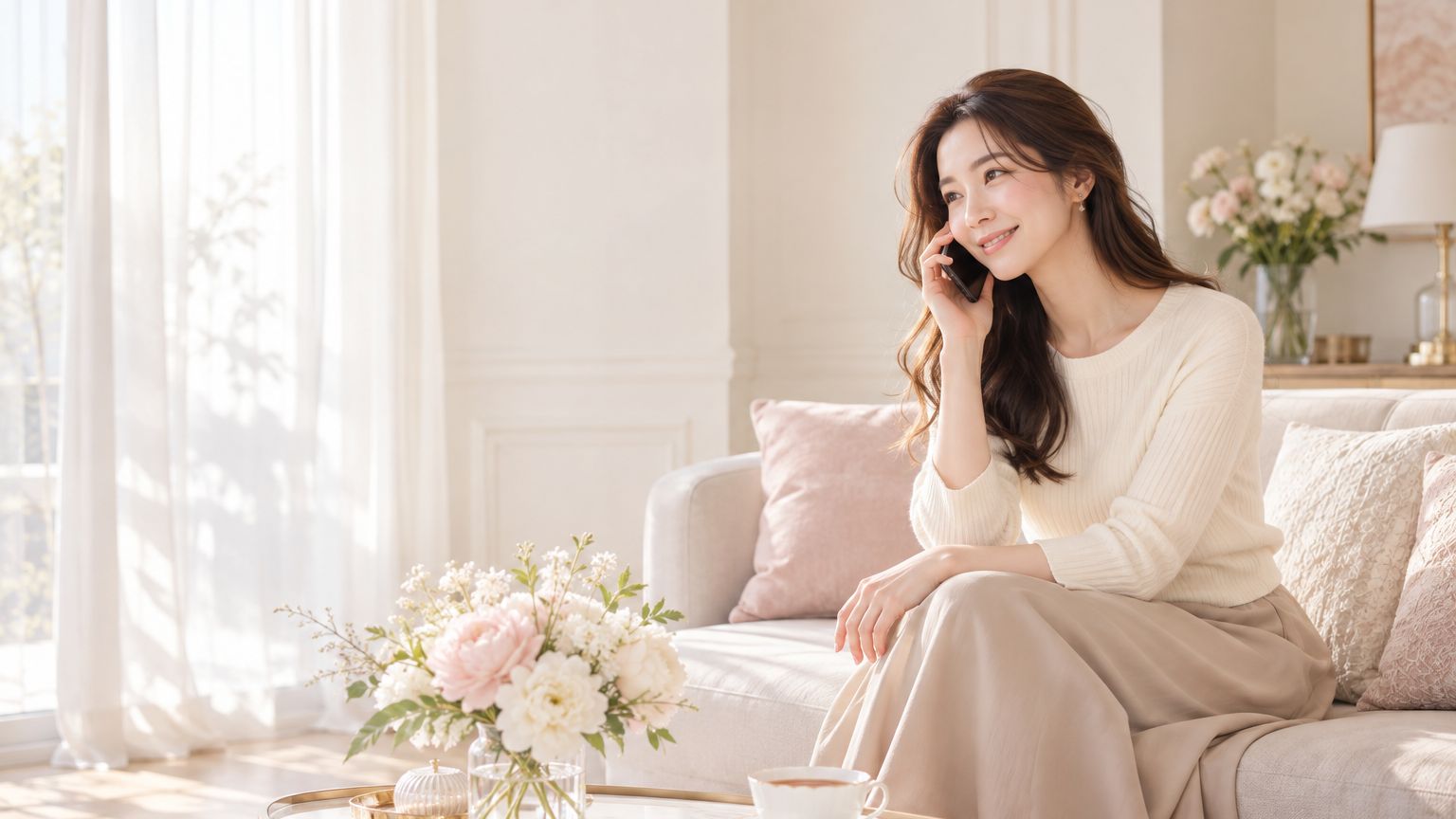 明るいリビングのソファでスマートフォンを耳にあてて笑顔で話す30代の女性