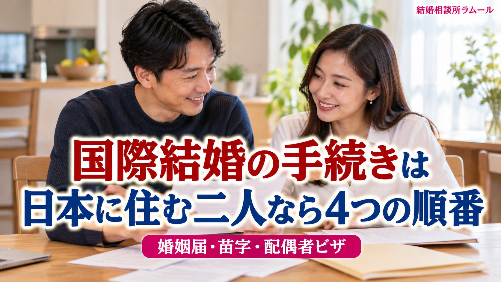 自宅のダイニングで書類を広げて笑顔で話す38歳の男性と32歳の女性（国際結婚の手続きは日本に住む二人なら4つの順番・婚姻届と苗字と配偶者ビザ）
