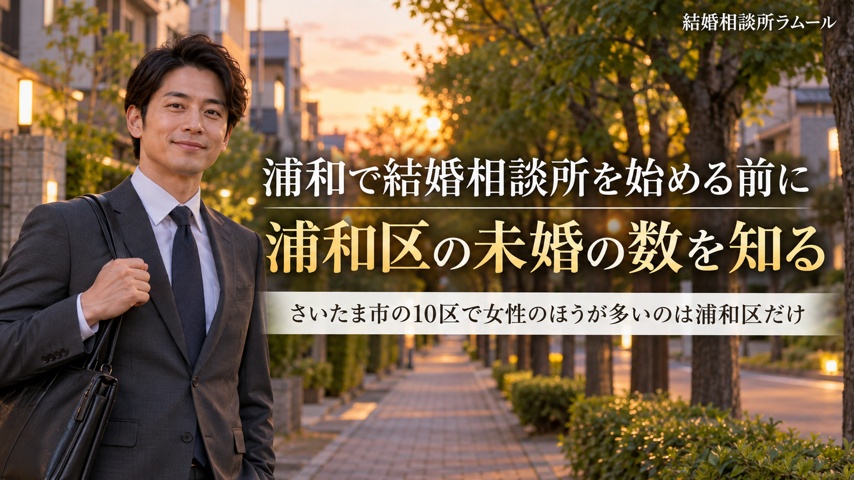 夕方の住宅街の並木道でカバンを持って穏やかに微笑むスーツ姿の35歳の男性(浦和で結婚相談所を始める前に浦和区の未婚の数を知る・さいたま市の10区で女性のほうが多いのは浦和区だけ)
