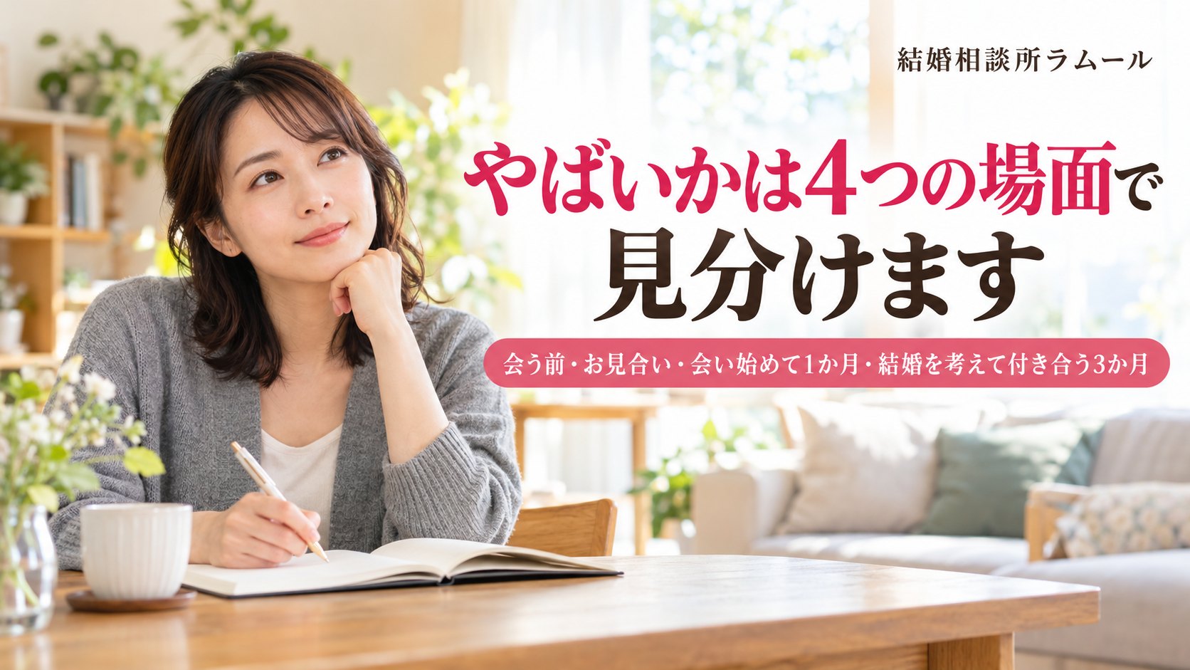 休日の朝のリビングでノートに書きながら考える36歳の女性(やばいかは4つの場面で見分けます)