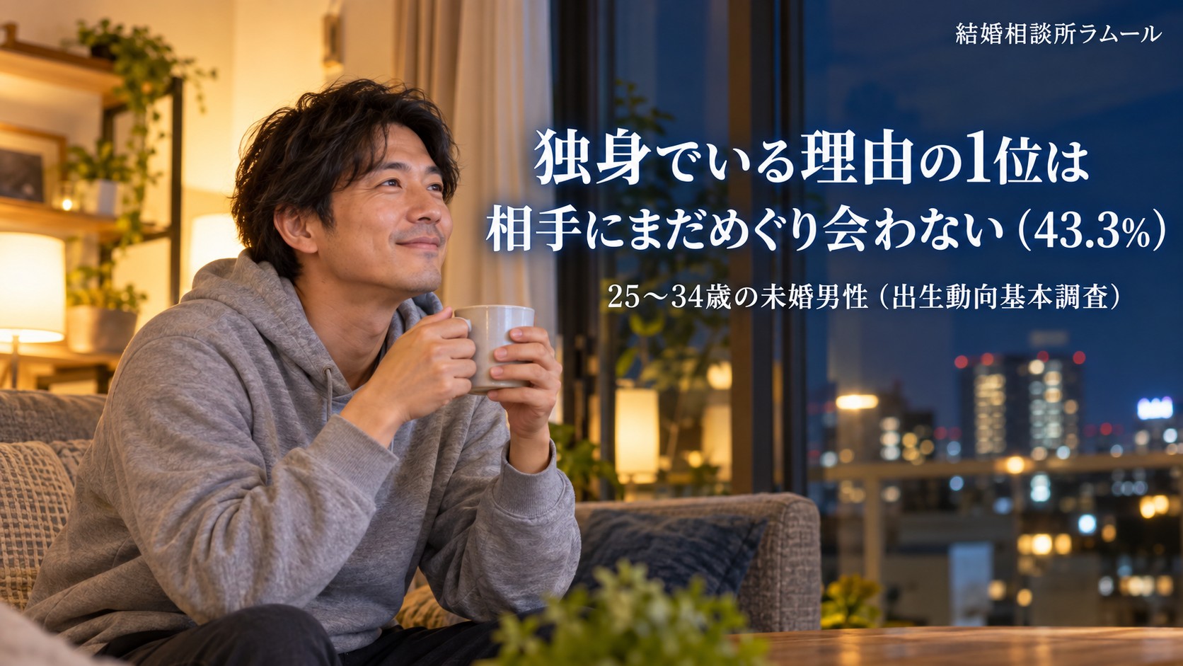 夜のリビングで温かい飲み物を持ってほっとした表情の42歳の男性（独身でいる理由の1位は相手にまだめぐり会わない）